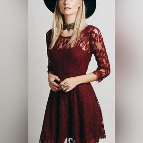 Free People Dresses & Skirts - Free People | Mini Lace Burgundy A-Line fit & flare dress Long Sleeve Sz 2